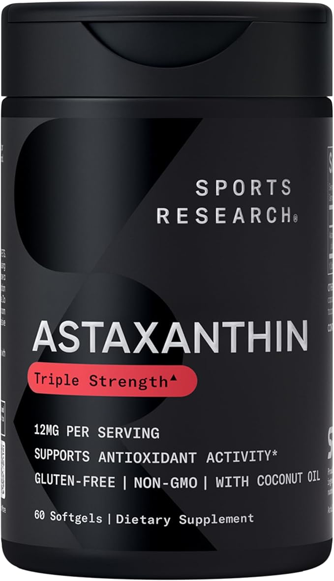 Sports Research® Triple Strength Astaxanthin 12mg w/Organic Coconut Oil - Antioxidant Supplement for Skin &amp Eye Health Support* - Soy Free · Non-GMO · Gluten Free - 60 Softgels
