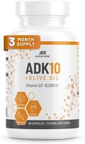 ADK 10 Vitamin Supplement + Olive Oil for Better Absorption - with Vitamins A + D3 (10000 iu) + K2 (MK7+MK4) - 90 Capsules - Vegetarian - Non-GMO