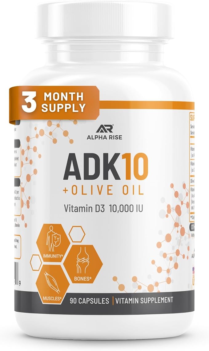 ADK 10 Vitamin Supplement + Olive Oil for Better Absorption - with Vitamins A + D3 (10000 iu) + K2 (MK7+MK4) - 90 Capsules - Vegetarian - Non-GMO