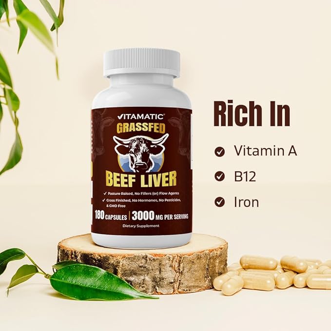 Vitamatic Grass-Fed Beef Liver 180 Capsules – Freeze-Dried Non-GMO Bovine Liver Supplement – Pasture-Raised Glandular-Based Formula