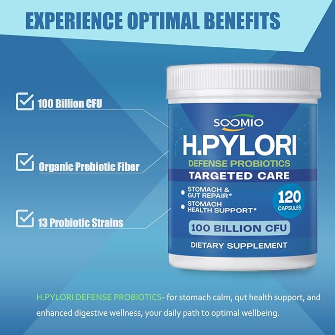 H.Pylori Support Probiotic 100 Billion CFU - Lactobacillus Reuteri Mastic Gum Berberine Zinc Carnosine Green Tea | Stomach Comfort &amp Gut Microbiome Care | Delayed-Release Vegan Capsules 120 C