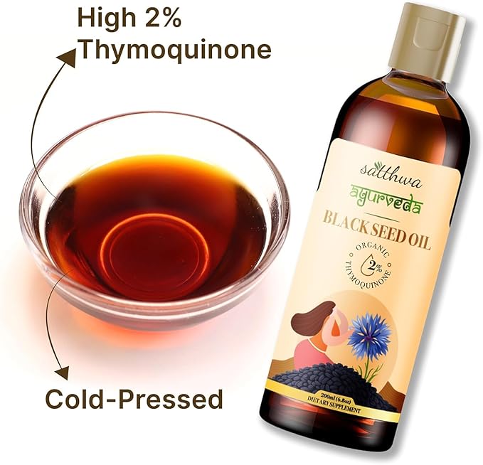 Organic Black Seed Oil – Edible - Cold-Pressed 100% Pure Nigella Sativa Oil High TQ Nutrient-Rich for Immune Hair &amp Skin Support - Satth_wa 200ml