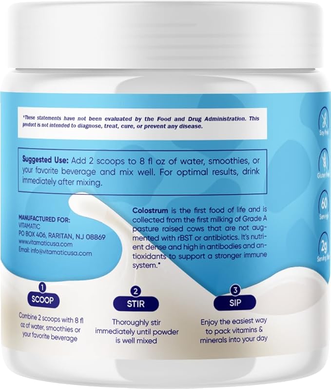 Vitamatic Bovine Colostrum Powder - 50% Highest IgG -120 Gram - Supplement for Gut Health Hair Growth Beauty Muscle Recovery &amp Immune Support - Easy to Mix - Unflavored - 60 Servings