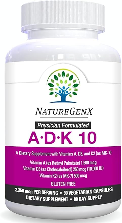ADK10 – ADK Vitamin Supplement | High Potency Vitamins A D3 (10000 IU) &amp K2 MK-7 for Bone Heart &amp Immune Health | 90 Tiny Capsules | 3 Month Supply | Non-GMO Gluten Free