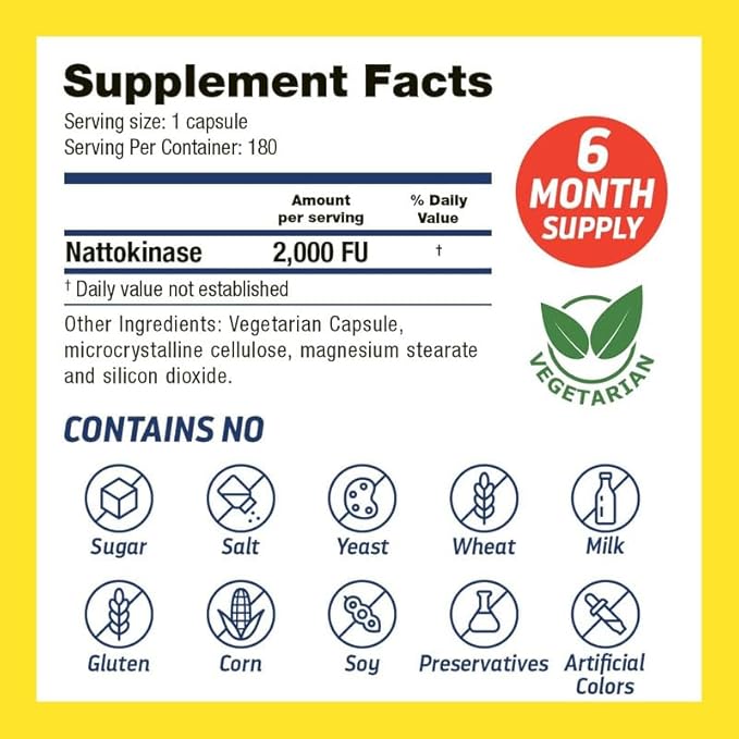 Nattokinase Supplement 2000 FU - Made in USA Backed by 30+ Years of Trust - Non-GMO cGMP Certified - 6 Month Supply