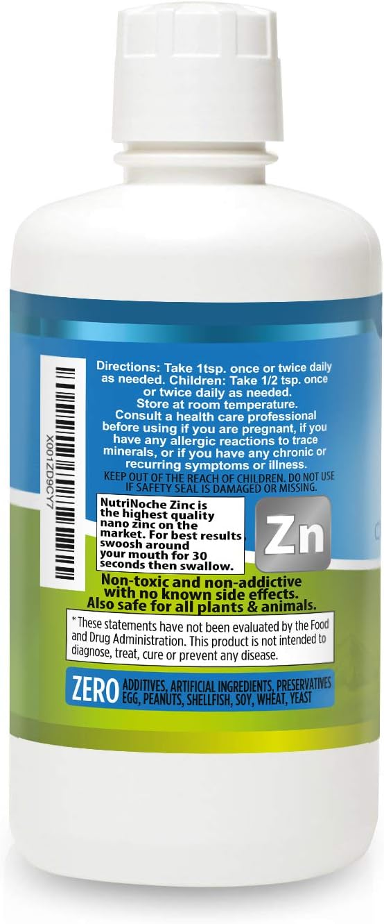 Liquid Zinc Supplement by Nutrinoche: Organic Liquid Drops - Ionic Zinc and Picolinate Alternative - 99.99% Ultra Pure Crystalline Nano Particles - for Adults and Children - (32 oz)