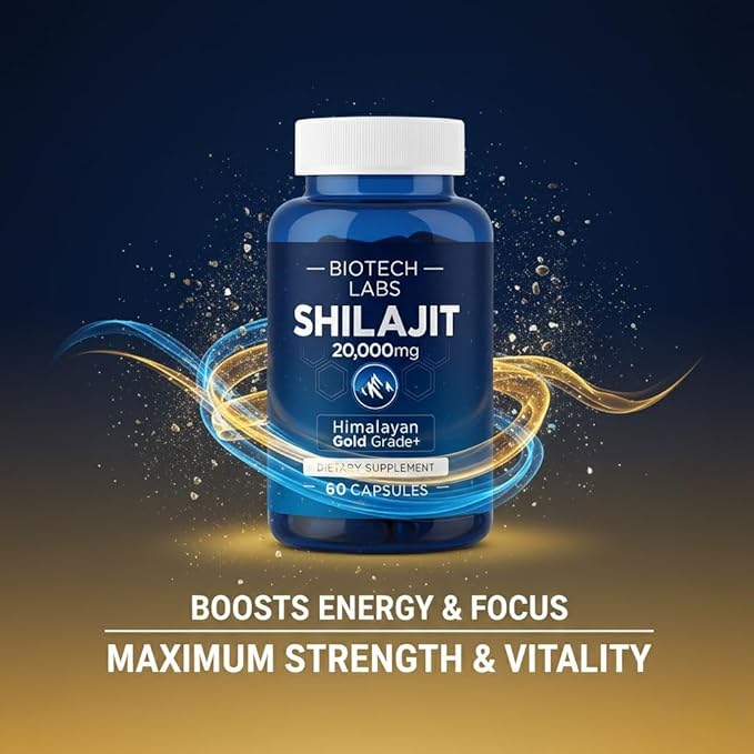Biotech Labs Shilajit 20000mg – Gold Grade Himalayan Extract | High Fulvic Acid 85+ Trace Minerals | Energy Vitality &amp Testosterone Support | Men’s Wellness &amp Performance | 60 Capsules