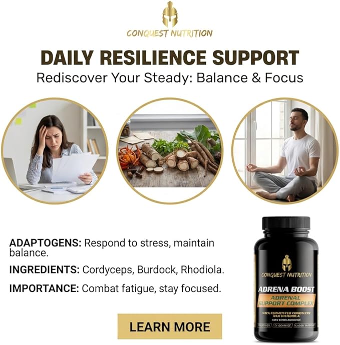 Adrena Boost Adrenal Support Complex - Help Maintain Healthy Energy &amp Stress Levels. Cordyceps Eleuthero Rhodiola Chlorella Burdock Bromelain Japanese Knotwood - 60 Veggie Capsules