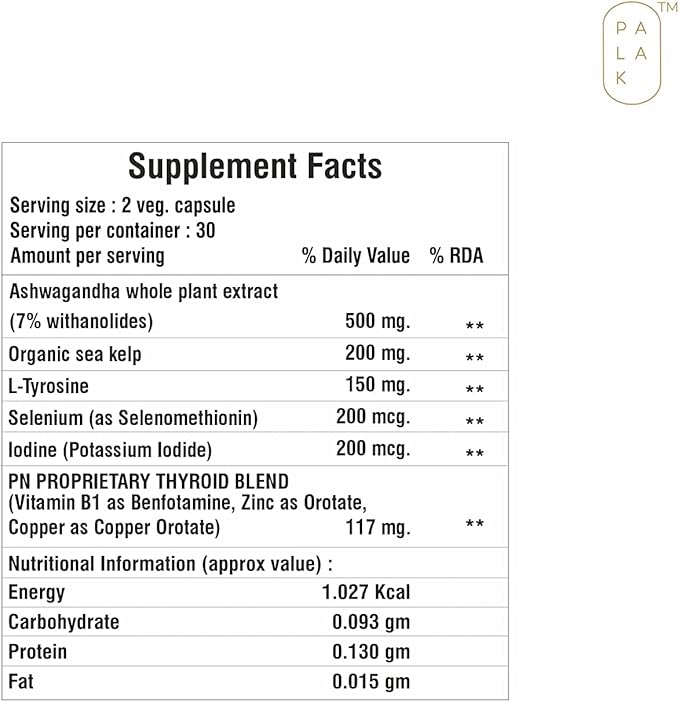 Palak Note Miduty Triple Thyro Care - Selenium Sea Kelp L-Tyrosine Zinc Ashwagandha B1 (Pack of 60 Capsules)