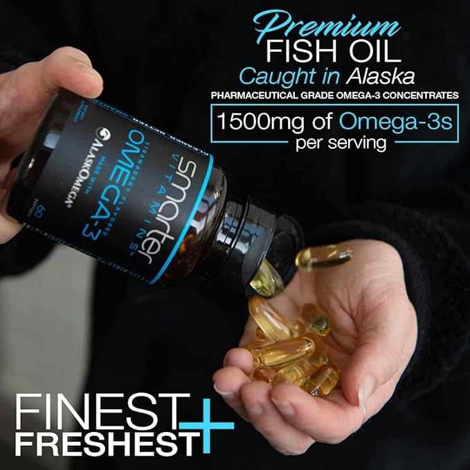 (5 Pack) Smarter Omega 3 Fish Oil Berry Flavor Burpless Tasteless 2000mg Potent Triple Strength DHA EPA Brain Omega-3 Made with AlaskOmega®