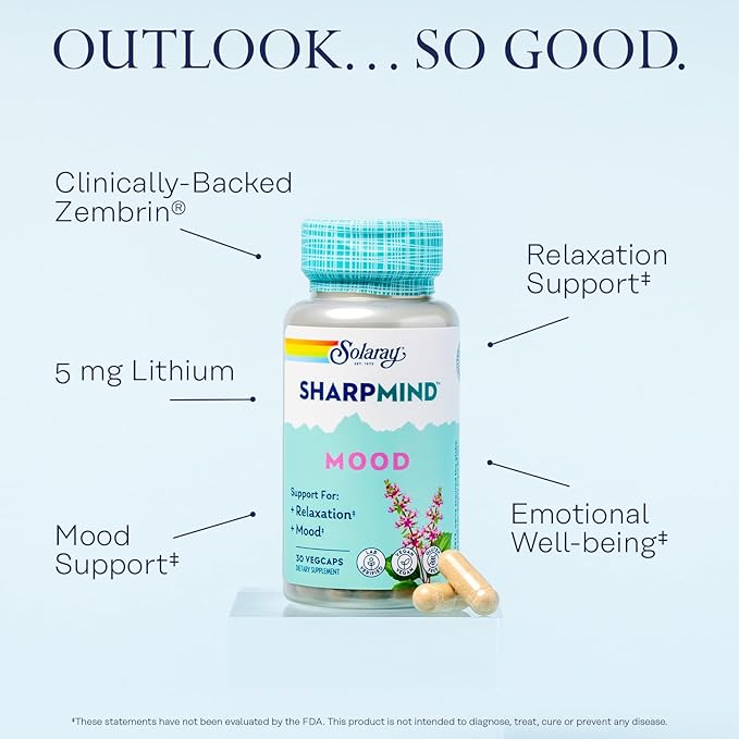 SOLARAY SharpMind Mood Support Supplement Nootropic for Relaxation and Emotional Well-Being Zembrin Holy Basil Lithium 5mg Organic Reishi Mushroom 60 Day Guarantee 30 Servings 30 VegCaps