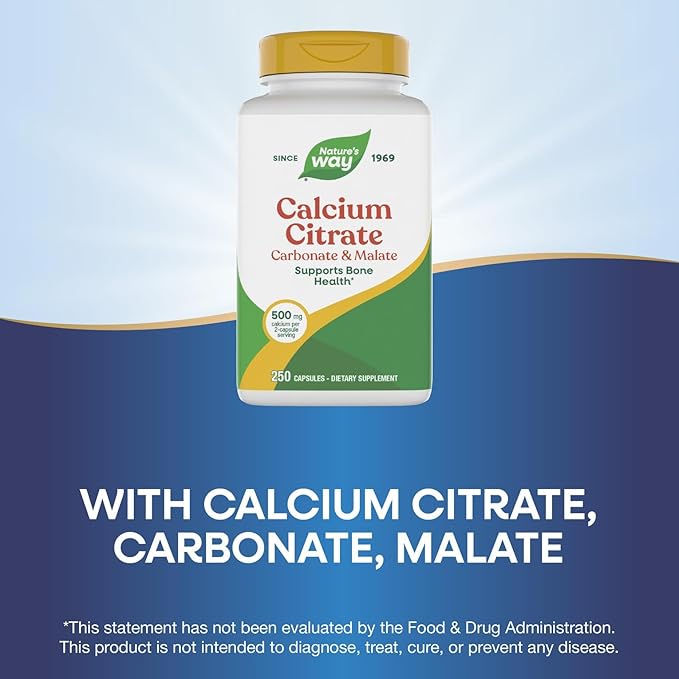 Nature's Way Calcium Citrate 500 mg Calcium per 2-Capsule Serving for Bone Health &amp Muscle Function* Blend of Citrate Carbonate &amp Malate Gluten Free 250 Capsules (Packaging May Vary)