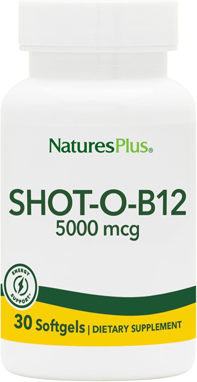 NaturesPlus Shot-O-B12 - 30 Softgels - 5000 mcg - Supports Energy &amp Immune Health - Gluten Free - 30 Servings