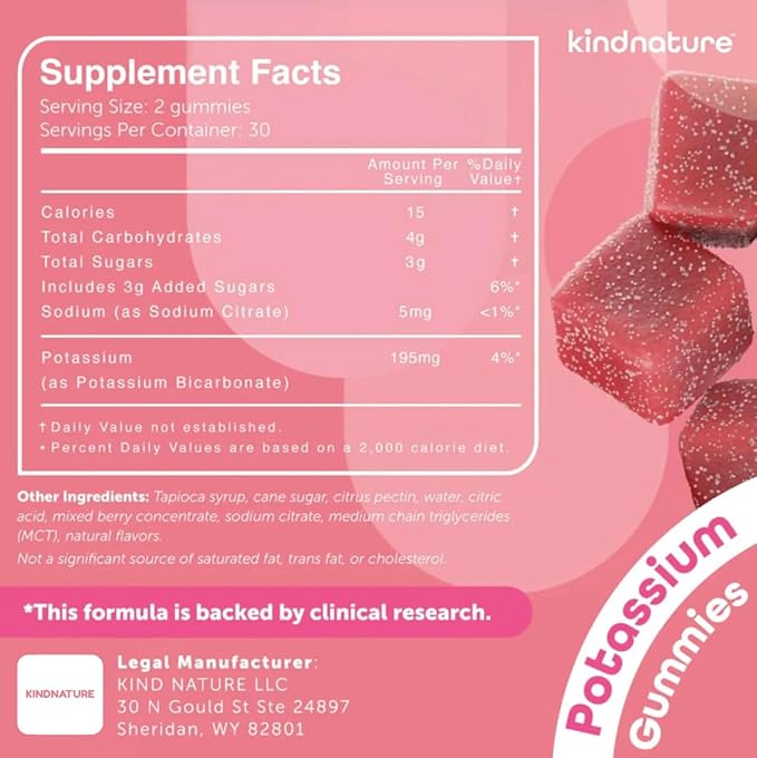 KINDNATURE High Potassium Gummies 500mg for Leg Cramps &amp Electrolyte Support - Chewable Pure Potassium Bicarbonate Supplement - Adults &amp Kids - Vegan Non GMO - 60 Gummies (30 Day Supply)
