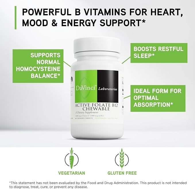 DAVINCI Labs Active Folate B12 Chewable - Dietary Supplement to Support Heart Health Healthy Nerves Immune Function and Energy Production* - with Folate and Vitamin B12-60 Chewable Tablets