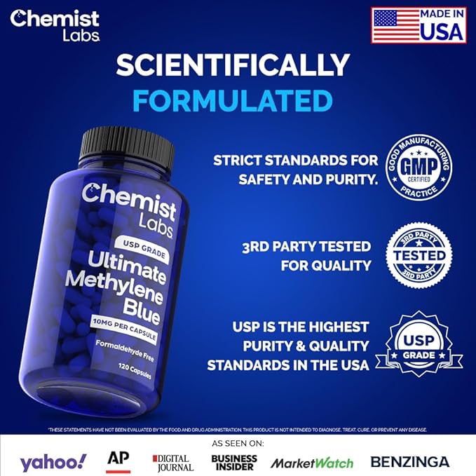 Methylene Blue Capsules for Humans - USP Grade 99% Purity Methylene Blue Pharmaceutical Grade Third Party Tested Supports Cellular &amp Mitochondrial Function Made in USA 120 Count