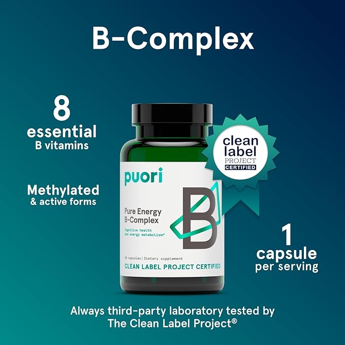 Puori Pure Energy Vitamin B-Complex with 8 Essential Vitamins - Active &amp Methylated B Vitamins (Thiamin Riboflavin Niacin B6 Folate &amp B12) - Biotin Inositol Pantothenic Acid &amp Cholin