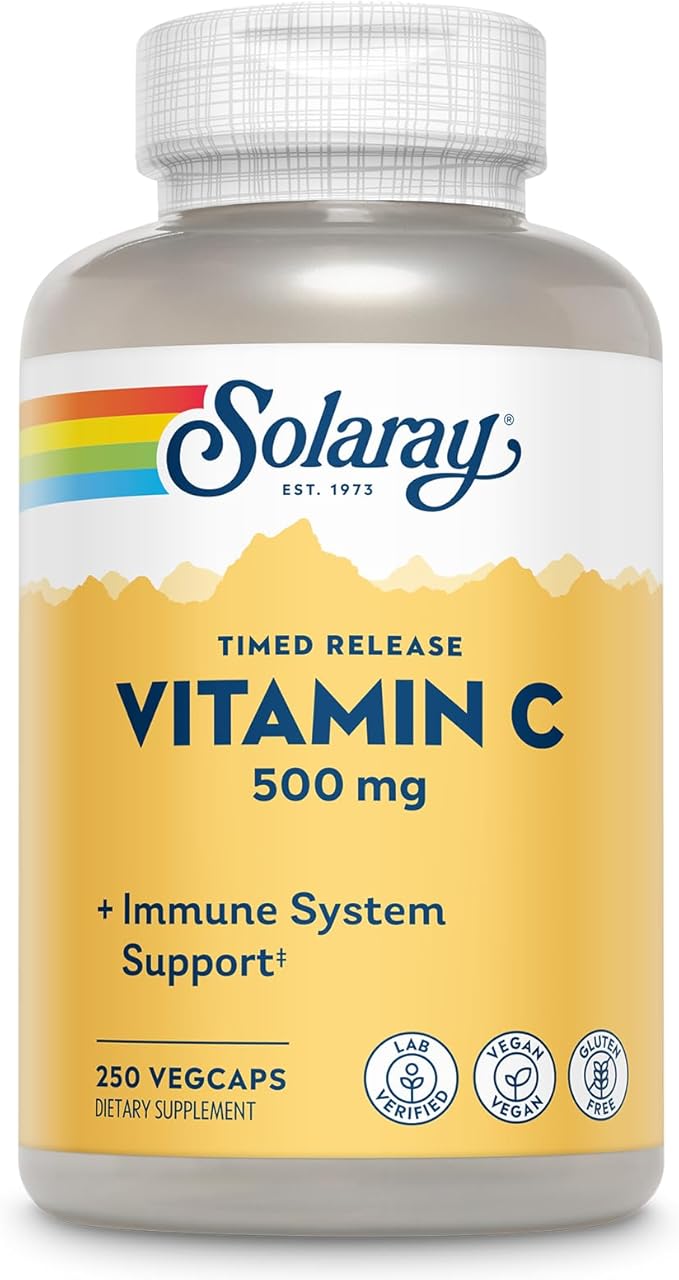 SOLARAY Vitamin C 500mg Two-Stage Timed Release - Antioxidant and Immune Support Supplement - Vitamin C with Rose HIPS and Acerola Vegan Gluten Free 60-Day Guarantee 250 Servings 250 VegCaps
