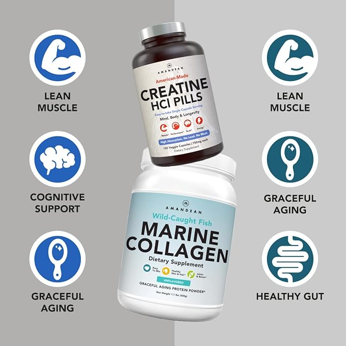 AMANDEAN Premium Creatine HCl &amp Marine Collagen Bundle. USA-Made CON-CRET. 7X Concentrated. Wild-Caught Hydrolyzed Fish Collagen Protein. Anti-Aging. Support Recovery &amp Lean Muscle. Healthy Sk