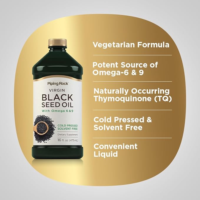 Piping Rock Black Seed Oil Liquid | 16 Ounces | with Omega 6 &amp 9 | Cold Pressed Solvent Free Supplement | Vegetarian Non-GMO Gluten Free Formula