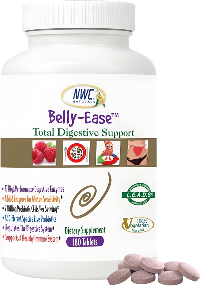 NWC Naturals Belly-Ease Healthy Digestive Enzymes Plus Prebiotics &amp Probiotics Essential Enzymes Vegetarian Better Digestion Full Spectrum Digestive Solution - 180 Count Chewable Tablets