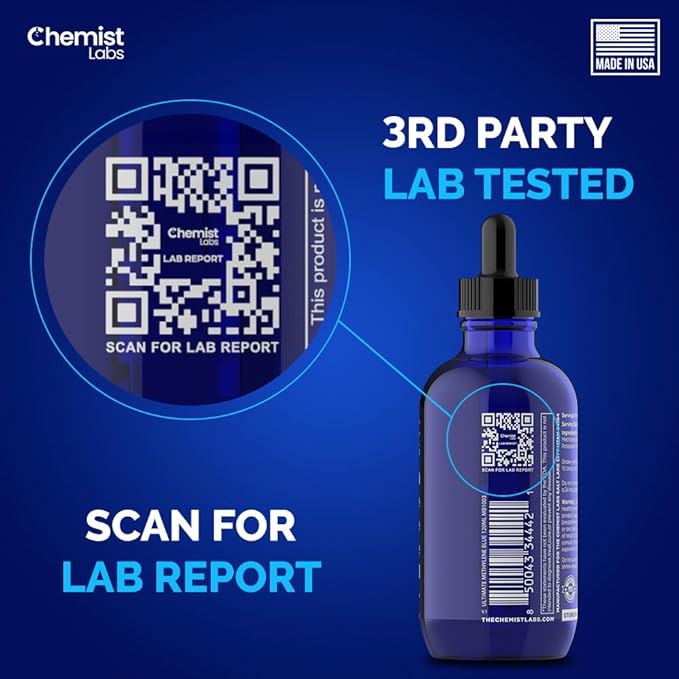 2% Pharmaceutical Grade Methylene Blue Liquid Solution - 99% Purity USP Grade Blue Methylene Cellular &amp Mitochondrial Support Third-Party Tested Made in USA 4oz