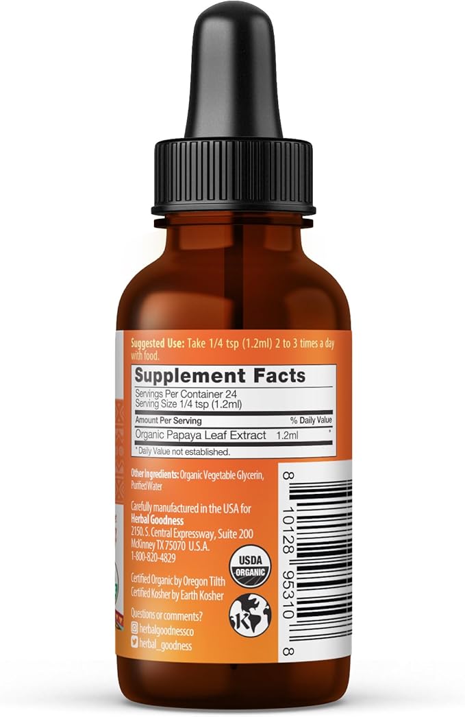 Herbal Goodness Papaya Leaf Extract 1oz – 15X Concentrated Organic Papaya Liquid Supplement | Papaya Enzyme Drops for Platelet Support Digestive Health &amp Immune Support | Non-GMO Vegan Gluten-F