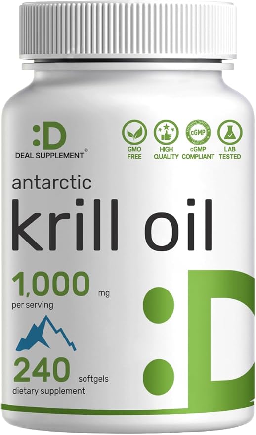 DEAL SUPPLEMENT Antarctic Krill Oil 1000mg Per Serving 240 Softgels – Mercury Free No Fishy Taste – Rich in Omega-3s EPA DHA Astaxanthin &amp Phospholipids – Non-GMO No Gluten