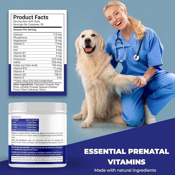 Dog Prenatal Vitamins - Supports Healthy Pregnancy Puppy Development &amp Lactation - Rich in Folic Acid Iron &amp Calcium - Advanced Prenatal Supplement for Pregnant and Nursing Dogs - 90 Soft Ch