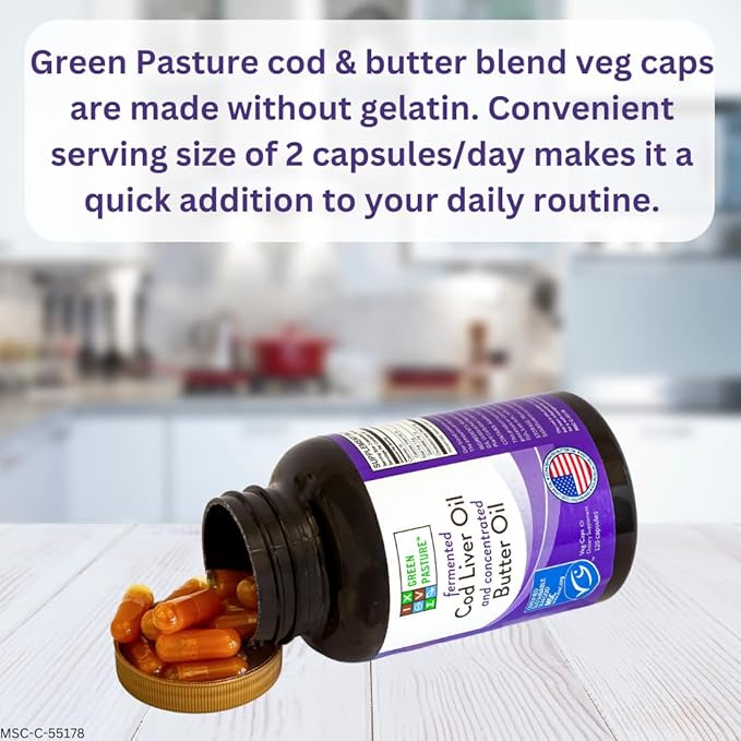 Green Pasture Fermented Cod Liver Oil &amp Butter Oil Blend - Wild Alaska Cod Vitamins A &amp D Omega-3-6-9 MSC Certified 120 Capsules