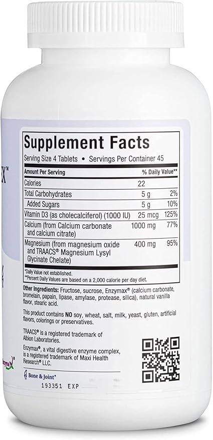Maxi Health Chewable Calcium Complex – Vanilla Flavor Vitamin D3 and Magnesium Chewables to Help Support Bones – Kosher Magnesium and Calcium Supplement for Women and Men (180 Count Pack of 2)