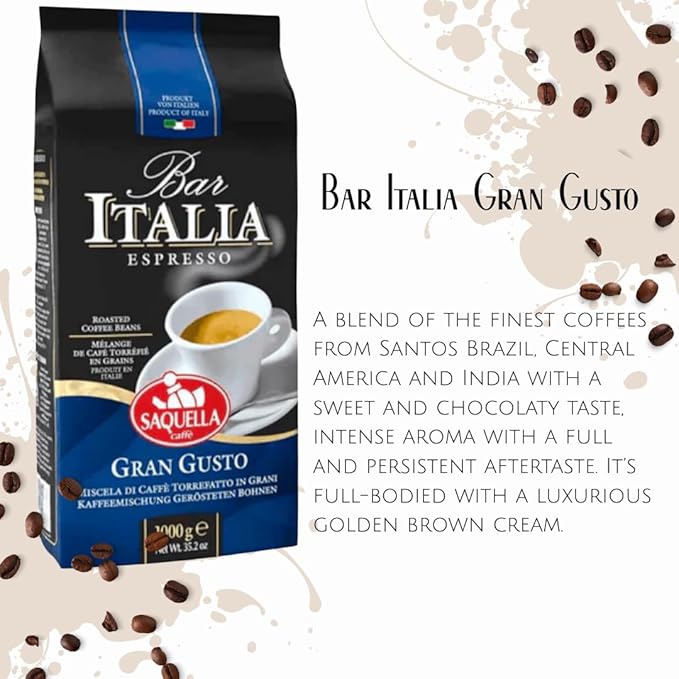 Saquella Kaffee Bar Italia Gran Gusto Espresso Coffee Beans 1kg (2.2 lb) | Authentic Italian Espresso | Full-Bodied Aroma &amp Smooth Crema | Perfect for Espresso Machines
