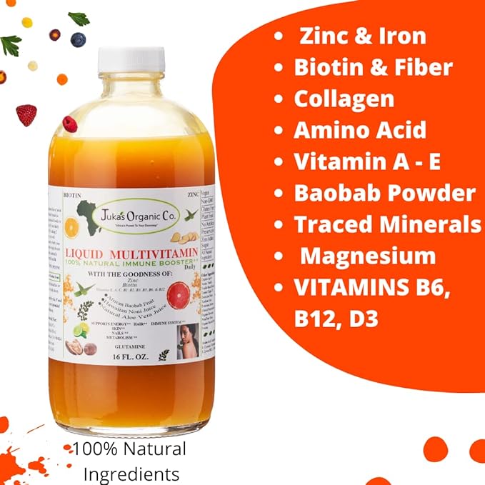 Liquid Multivitamin by Juka's Organic Co. For SKIN | HAIR | NAILS with Zinc | Biotin |Baobab | Vitamin A-E |Traced Minerals Amino Acid | Boost Immune Energy &amp Digestive System In Glass Bottles 1