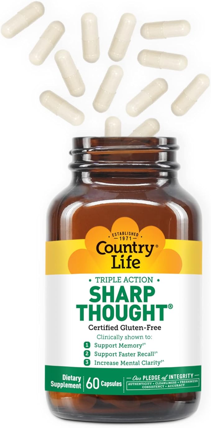 Country Life Sharp Thought - Memory &amp Cognitive Support Supplement – Sharp-PS Gold Phosphatidylserine + DHA – Promotes Mental Clarity &amp Faster Recall – Gluten-Free 60 Capsules