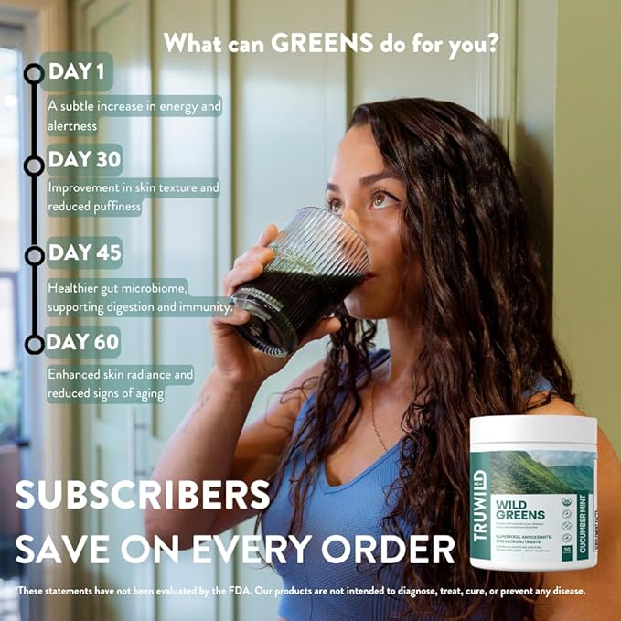 TruWild Greens Superfood Cucumber Powder with 22+ Greens &amp Anti-Oxidants Delicious Green Juice Powder Natural Immune Stress Digestion Support 30 Servings Per Tub (Cucumber Mint)