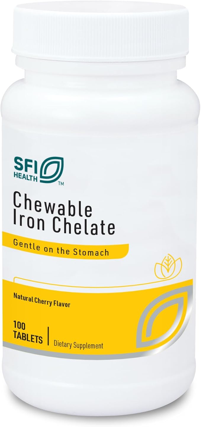Klaire Labs SFI Health Chewable Iron Chelate - 30 Milligrams Elemental Iron Easy on The Stomach &amp Hypoallergenic Natural Cherry Flavor (100 Tablets)