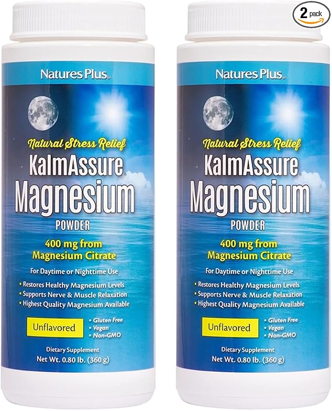 NaturesPlus KalmAssure Magnesium Powder - 0.8 lb Pack of 2 - Unflavored - Supports Nerve and Muscle Relaxation - Non-GMO Gluten Free Vegan - 120 Servings