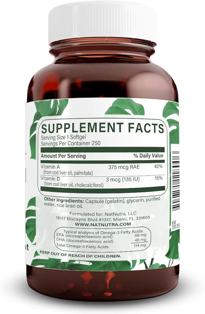 Natural Nutra Norwegian Cod Liver Oil Supplement Helps to Maintain Skin Helps Maintain Body Density Eye Health &amp Nerve Function Promotes Dental Health Supports Cardiovascular Health 250 Soft