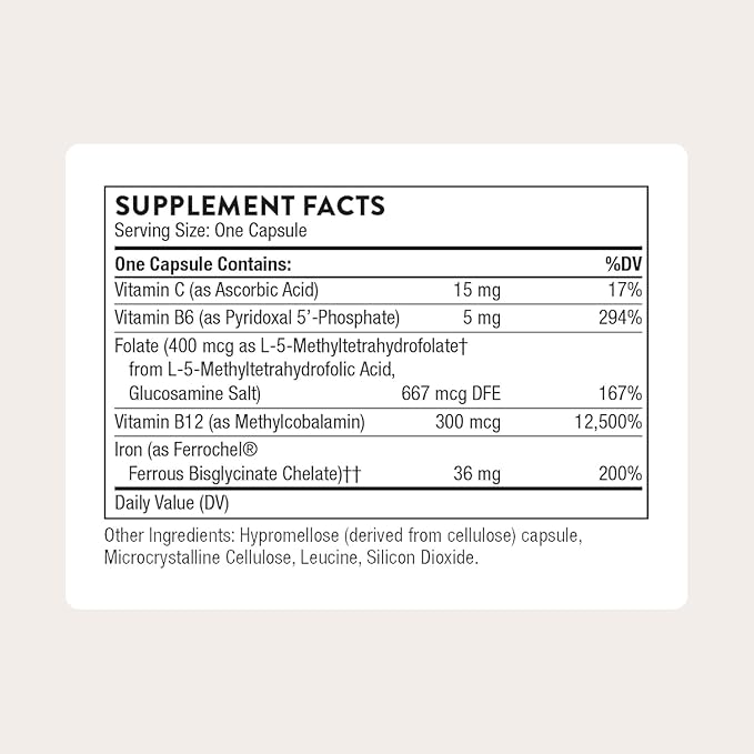 THORNE - Advanced Iron Complex - Complete Blood Support Formula* - Elemental Iron Folate B and C Vitamins for Optimal Absorption - Chelated Iron Supplement - Gluten Dairy &amp Soy-Free - 60 Capsul