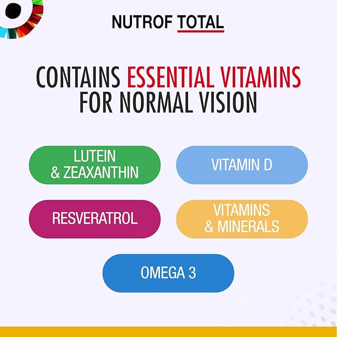 Nutrof Total Capsules – Eye Health Supplement with Lutein Zeaxanthin Omega 3 and Antioxidants | Essential Nutrients for Optimal Eye Health | Pack of 30 Capsules (1 Capsule per Day - 1-Month Supply)