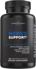 Livingood Daily Nerve Support Supplement for Women &amp Men 12-in-1 Nerve Health Formula with Methylated B12 Folate Benfotiamine Alpha Lipoic Acid &amp Feverfew Gluten Free Non-GMO 60 Capsule