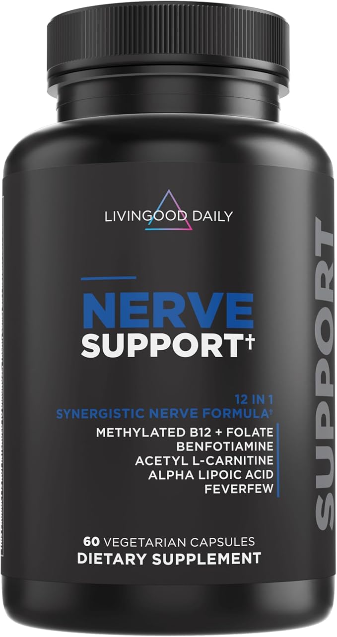 Livingood Daily Nerve Support Supplement for Women &amp Men 12-in-1 Nerve Health Formula with Methylated B12 Folate Benfotiamine Alpha Lipoic Acid &amp Feverfew Gluten Free Non-GMO 60 Capsule