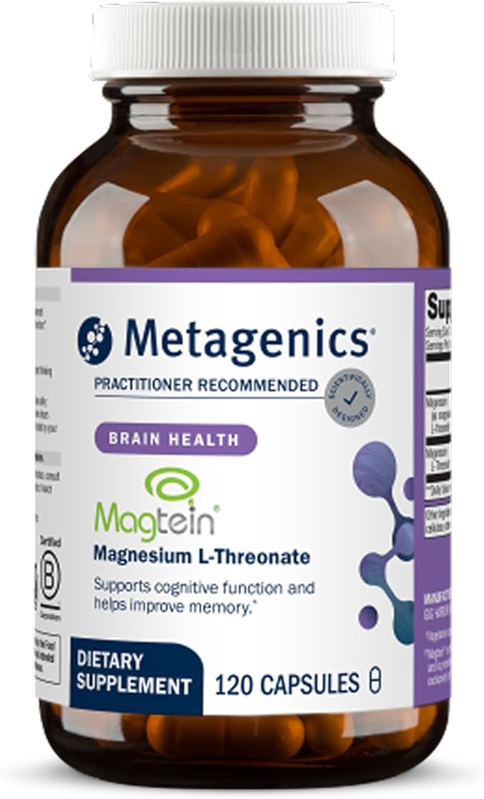 Metagenics Magnesium L-Threonate - Magtein Magnesium for Brain Health Memory Learning &amp Cognitive Support - Clinically Studied Bioavailable Form - Non-GMO Gluten-Free Vegan - 120 Capsules