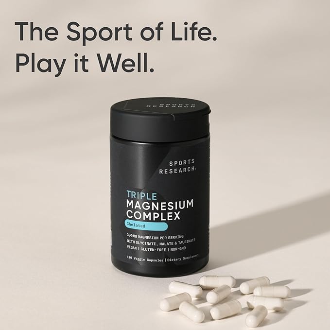 Sports Research® Chelated Triple Magnesium Complex with Glycinate Taurinate &amp Malate (Chelamax®) for Enhanced Bioavailability* - 300 mg per Serving Non-GMO Certified Vegan 120 Veggie Capsules