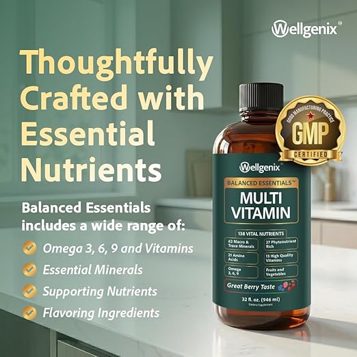 Wellgenix Balanced Essentials Plus New Formula - Berry Flavor 32oz (Pack of 2) - Complete Multivitamin Supplement - Immune Boosting &amp Overall Health - Adults Kids Toddlers (Packaging May Vary)