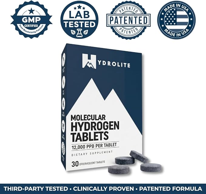 HydroLite Molecular Hydrogen Tablets for Drinking Water | Highest Concentration H2 12000 PPB | Antioxidant Detox | Made in USA 30 Tablets (Unflavored)