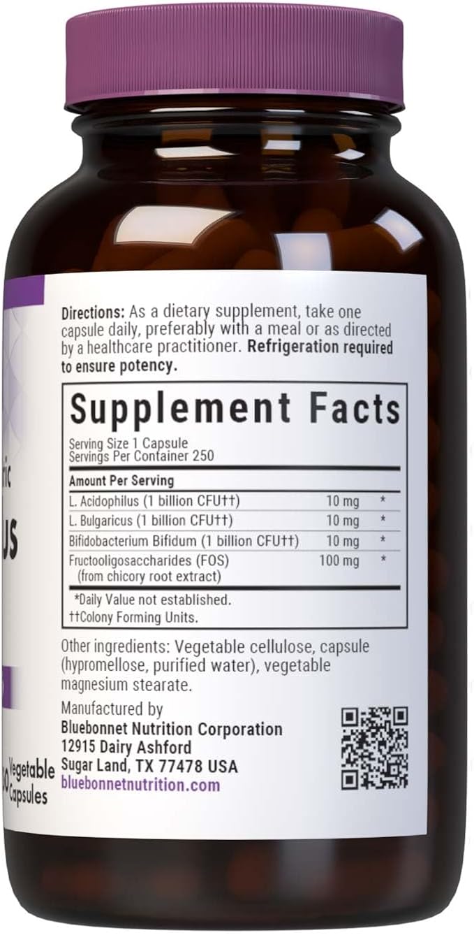 Bluebonnet Nutrition Milk-Free Probiotic Acidophilus &amp FOS Digestive Health* Immune Health* Gluten-Free Soy-Free Dairy-Free 250 Vegetable Capsules 250 Servings