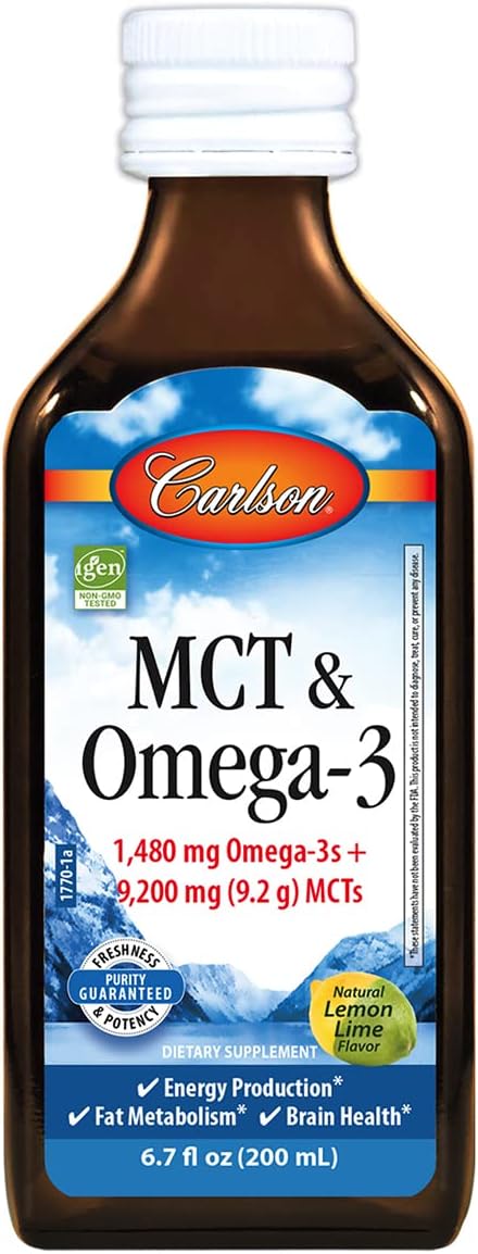 Carlson - MCT &amp Omega-3 1480 mg Omega-3s 9200 mg MCTs Keto-Friendly Caprylic &amp Capric Acids Energy Production Fat Metabolism Lemon-Lime 200 mL (6.7 Fl Oz)