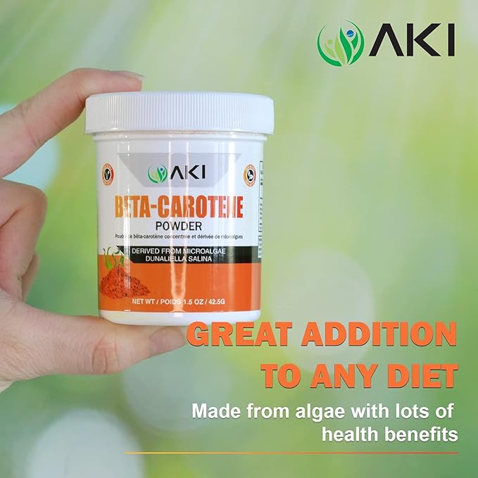 AKI Beta Carotene 10% Powder (1.5oz/42.52g) Highly Concentrated flavouring Fount of Vitamin A May Helps to Support Body Functions Skin Immune System and Eye - GMO Free &amp Vegan Friendly