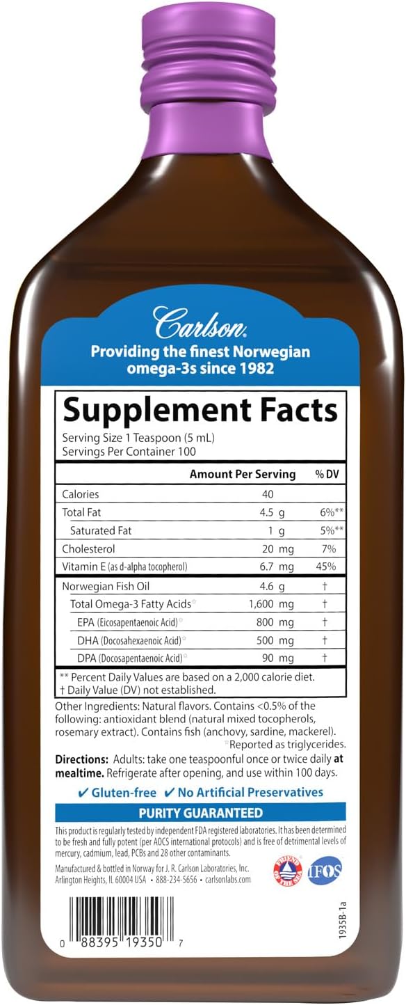 Carlson - The Very Finest Fish Oil 1600 mg Omega-3s Liquid Fish Oil Supplement Norwegian Fish Oil Wild-Caught Sustainably Sourced Fish Oil Liquid Mixed Berry 500 mL (16.9 Fl Oz)…